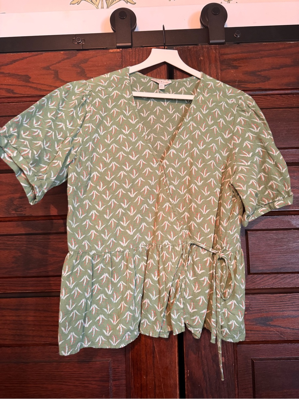 Lucky Brand Green Printed Wrap Peplum Top with Side Tie